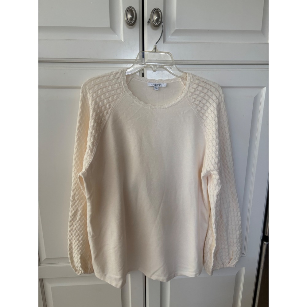 Chicos Cream Cashmere Blend Pointelle Cable Knit Sleeve Sweater Size 2 Large